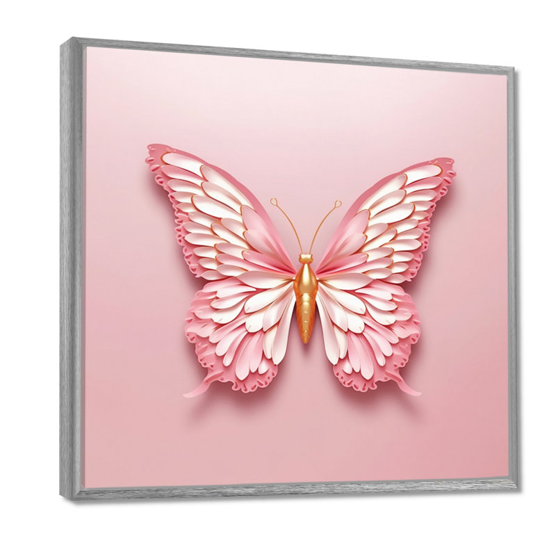 Décoration murale papillon rose et or III, H 24 po x l 24 po x P 1 po, Encadrement argenté
