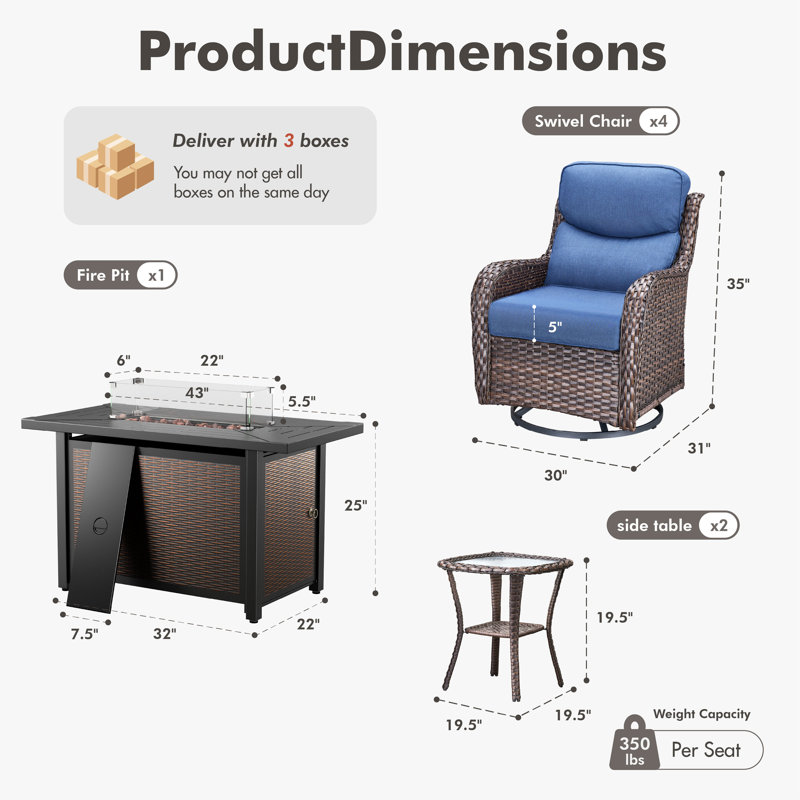 Ensemble de sièges d'extérieur en osier pour 4 personnes avec chaises pivotantes et table d'appoint, Bleu, Brun