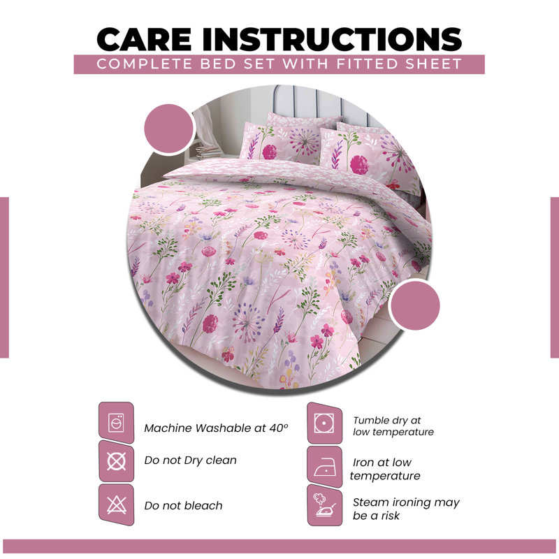 Cotton Blend Floral Duvet Cover with Pillowcases, Double Duvet Cover + 2 Standard Pillowcases