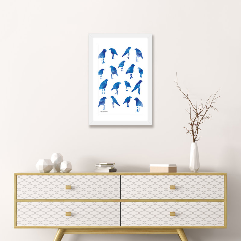 Oiseaux bleus - reproduction d'art, H 24 po x l 16 po x P 1 po, Papier encadré blanc, Blanc
