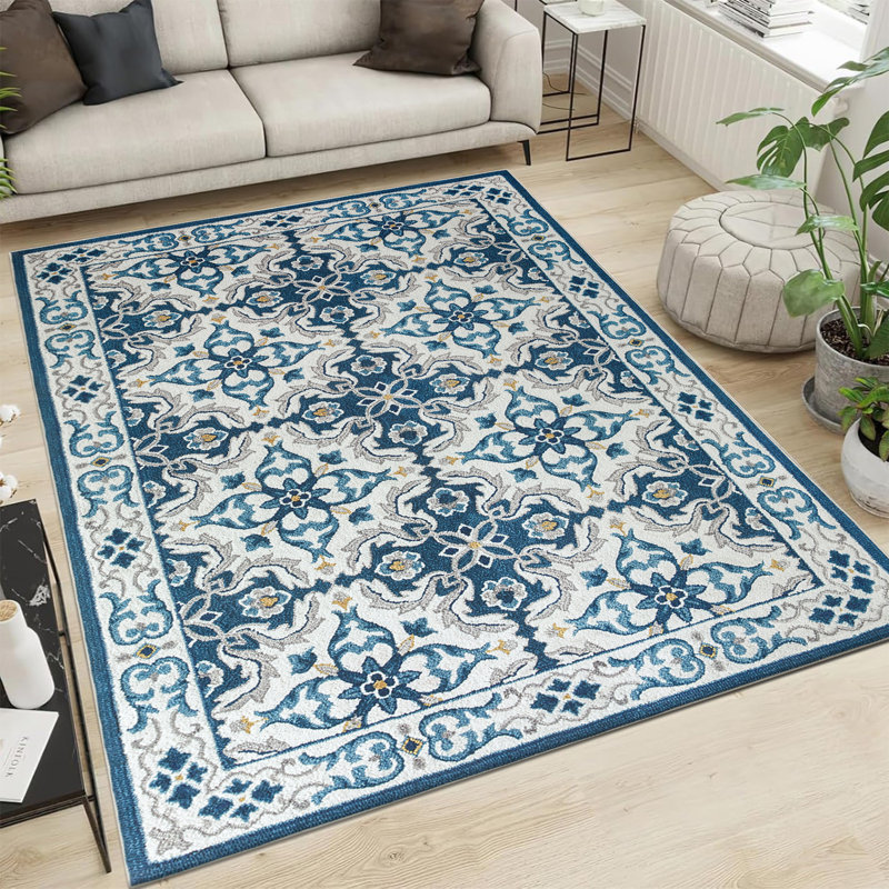 LUNA Machine Tufted Area Rug – Navy Blue & Ivory Mediterranean Pattern, Rectangle  60 x 110 cm
