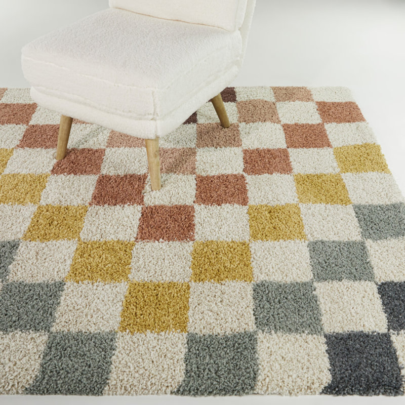 Machine Woven Shaggy Chequered Multico Area Rug, Rectangle 160 x 230 cm