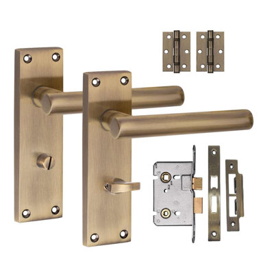 Golden Grace 1 Pair Victorian Straight T-Bar Scroll Bathroom Door Handle Antique Brass Metal Mortise Lock Set with Fixing Screws - 150mm x 40mm