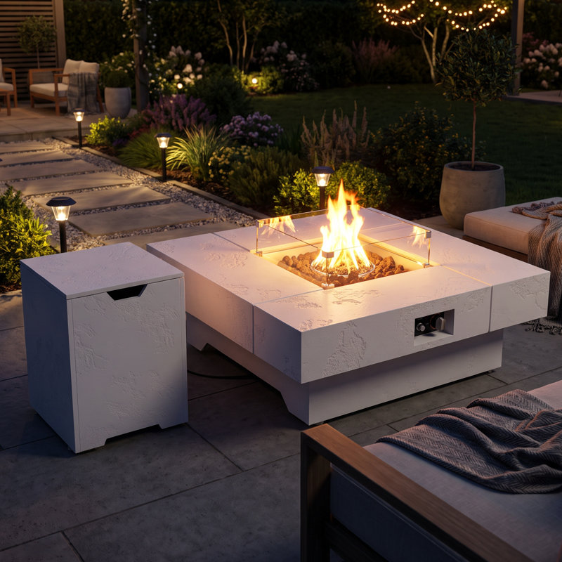 Table de foyer carrée blanche au propane de 105 cm (41,3 po) avec couvercle de réservoir et pare-vent en verre
