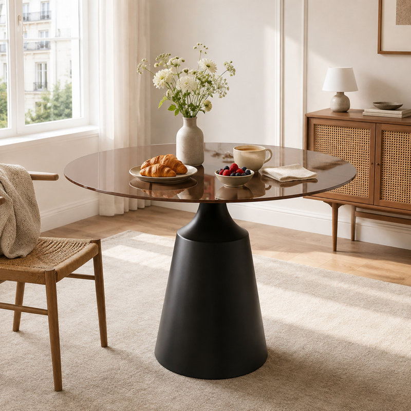 Table de salle à manger ronde moderne de 35 po, base en piédestal en verre épais fumé de 10 mm de qualité supérieure, petite table de cuisine compacte