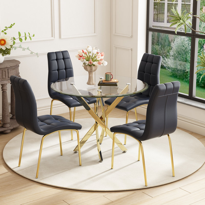 5 - Piece Pedestal Dining Set, Gold, Black/Gold