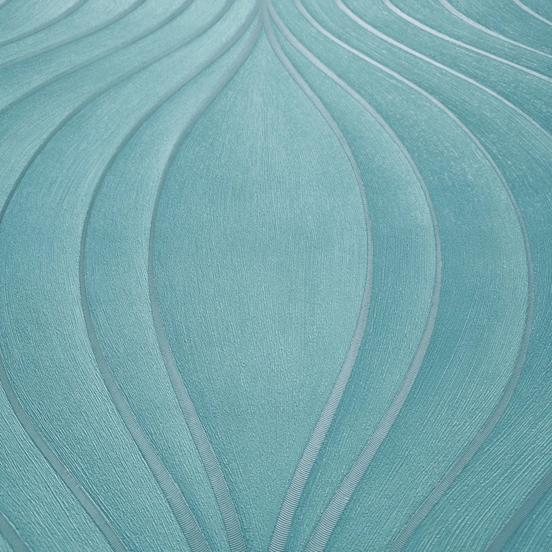 Papier peint texturé Ogee Wave Curves Lines bleu sarcelle bleu vert gris argenté