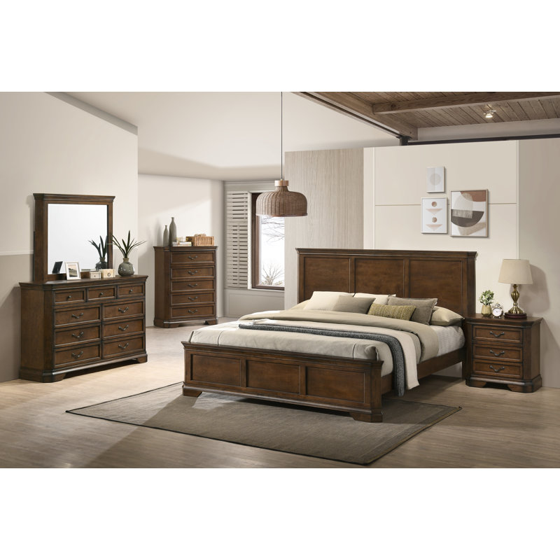Ailany 6 Piece Bedroom Set, Antique Walnut, 6 Pcs: Bed, 2 Nightstands, Dresser, Mirror, Chest, King
