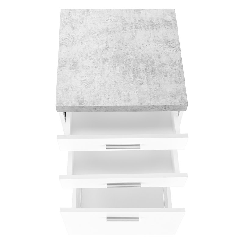 Classeur roulant pour le bureau, compartiments de rangement, stratifié de ciment blanc et gris, bureau de style moderne avec espace spacieux, stratifié