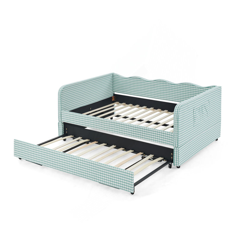Divan-lit double convertible 3 en 1 avec couchette coulissante et poches de rangement latérales Gingham, Full, Cyan