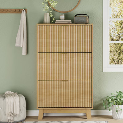 Shoe Cabinet Storage for Entryway with 3 Flip Drawers, 54" Tall Narrow Fluted Shoe Organizer with Adjustable Shelves, Freestanding Slim Hidden Shoe Rack, Hallway Entrance