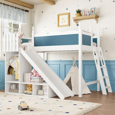 Lit mezzanine simple avec tablettes de rangement et garde-robe, lits mezzanine en bois massif avec glissières amovibles et échelles, aucune boîte à ressorts nécessaire, bleu et blanc.