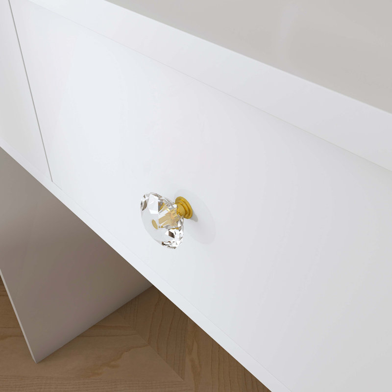 Petit bureau de meuble-lavabo moderne avec 3 modes d'éclairage DEL à luminosité réglable, 3 tiroirs et plusieurs tablettes de rangement ouvertes, un support pour sèche-cheveux et une prise de courant, et une coiffeuse