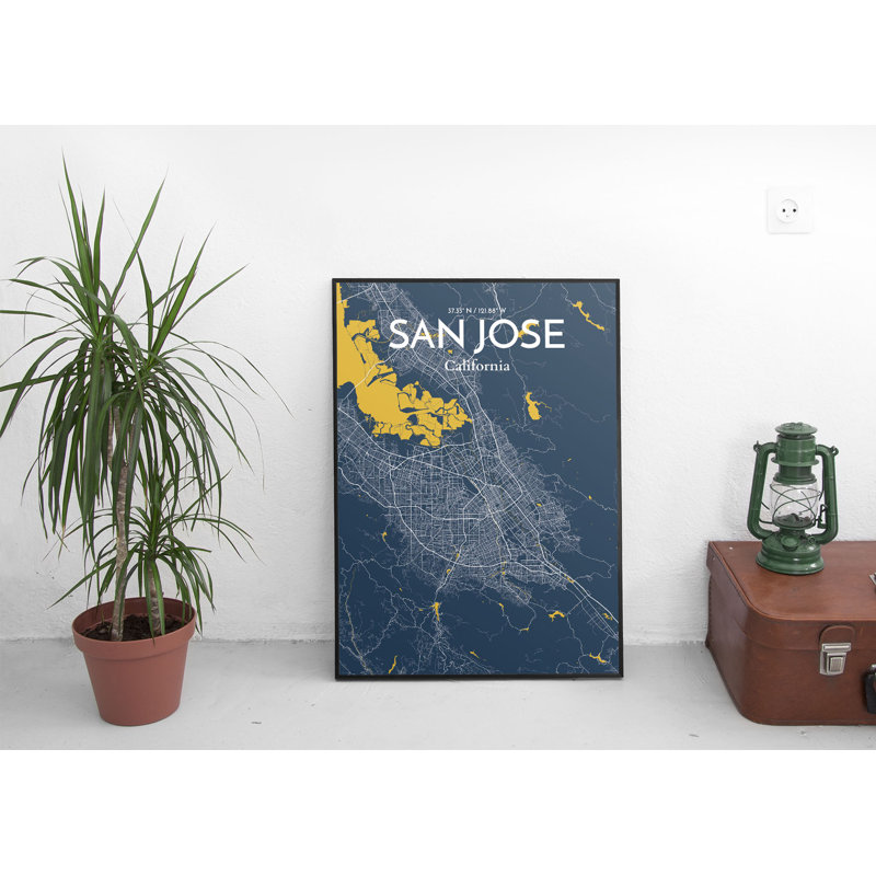 «San Jose City Map», reproduction d'impression sur affiche en bleu, H 17 po x l 11 po