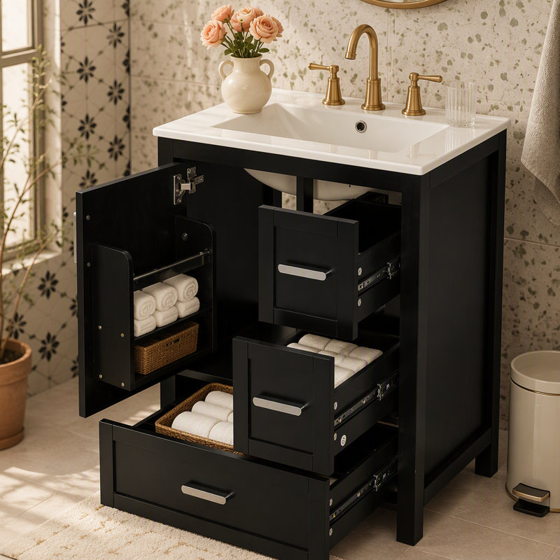 Meuble-lavabo moderne de 24 po avec lavabo en céramique, porte à fermeture en douceur, tablette de porte à double couche et 3 tiroirs