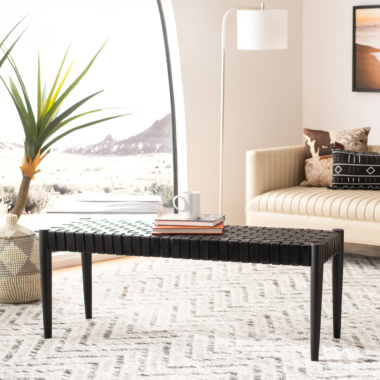 Orin 47" Woven Leather Dining Bench, Black Frame/Black Leather