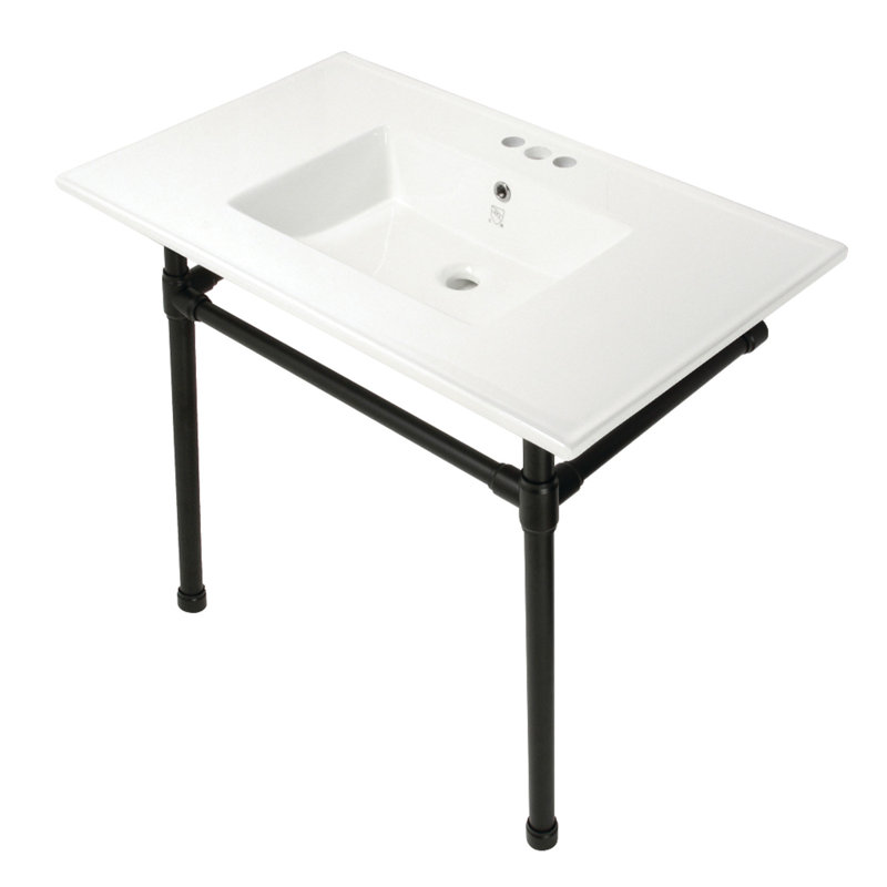 Kingston Brass Dreyfuss 37-Inch Ceramic Console Sink with Stainless Steel Legs (4-Inch, 3-Hole), White/Matte Black