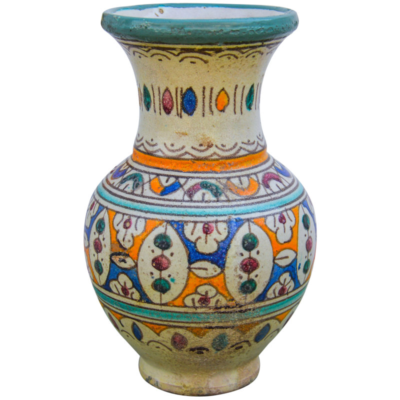 Vase de table en céramique orange / blanc / bleu 8,75 "intérieur / extérieur