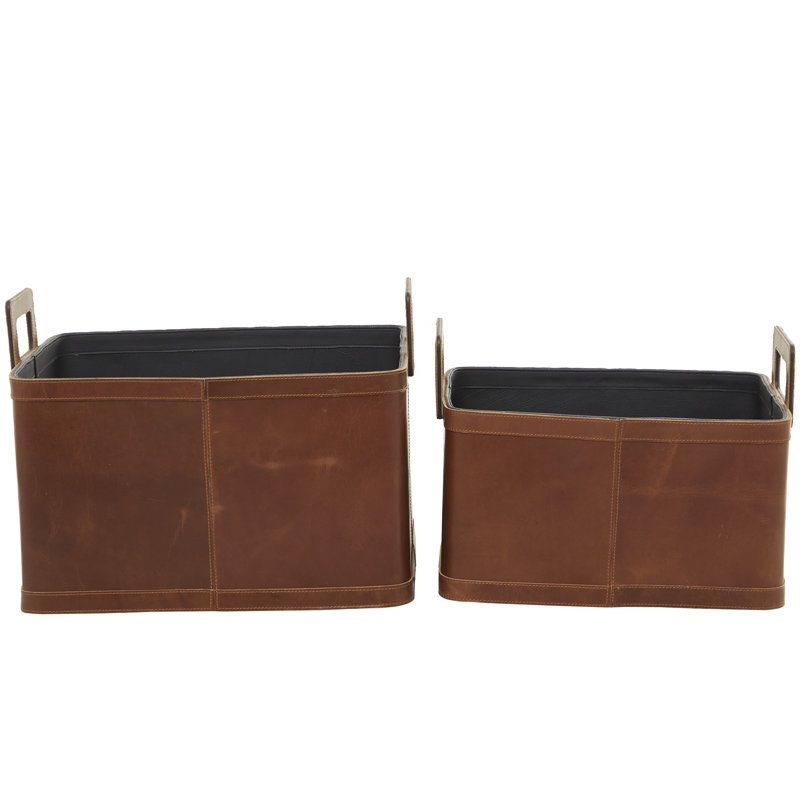 Panier de rangement en cuir brun avec poignées, ensemble de 2