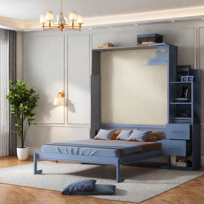 Grand lit escamotable peu encombrant avec rangement multifonctionnel, design moderne en MDF blanc
