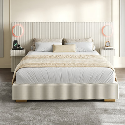 Grand lit plateforme tapissier avec lumières DEL circulaires, ports de chargement USB et tiroirs de rangement latéraux