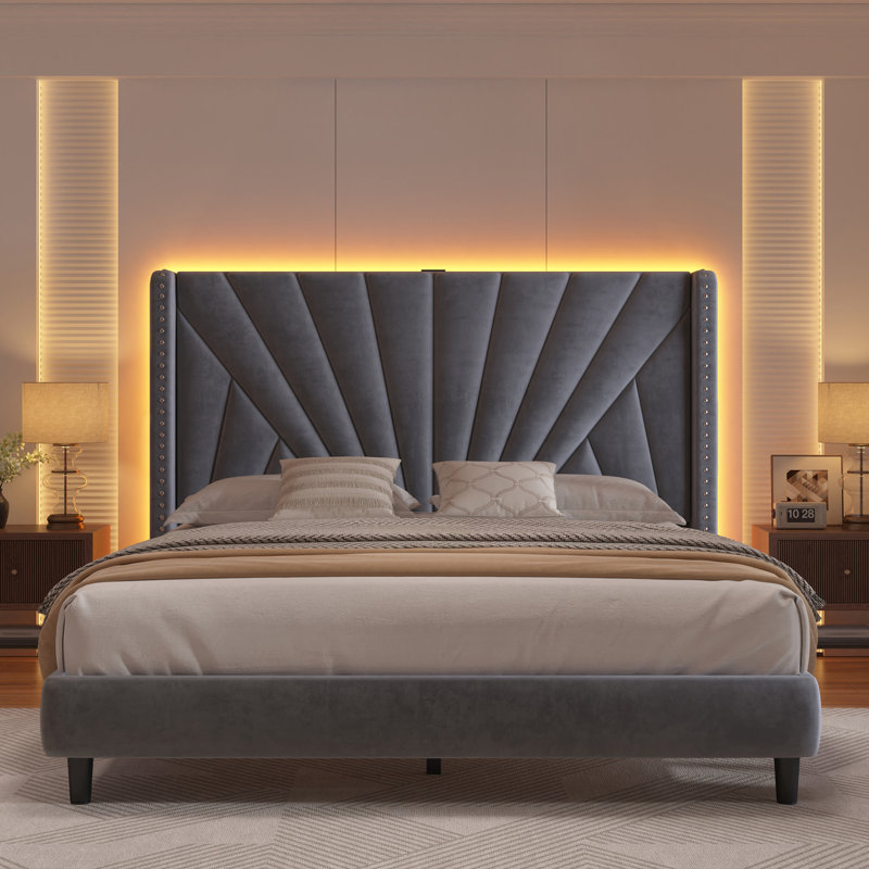 Bed Frame With 51"High Velvet Upholstered  Wingback Headboard, Platform Bed With Charging Station And Led Lights, Gray, Queen