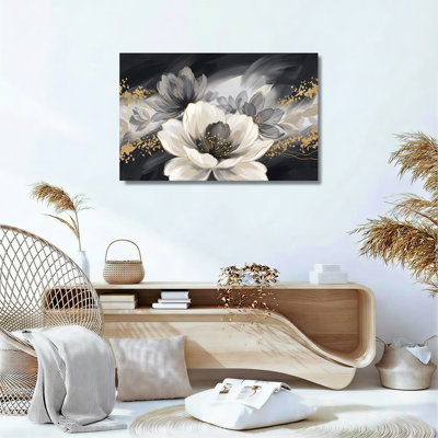 Art mural blanc et gris à motif floral sur fond noir