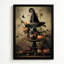 Chapeau de sorcière d'Halloween sur un présentoir à étages avec citrouilles, tableau sur toile encadré, cadre marron, 40 x 60 cm-1892527697-1892527698