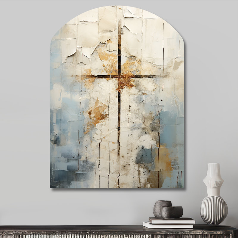 Croix de Christianisme beige de Jessus II - art mural en métal Christianisme asymétrique, H 34 po x l 25 po