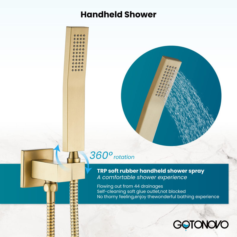 Rainfall Bathroom Shower System & Complete Combo, Wall Mounted - Solid Brass Pressure Balancing Valve, 12 Inch Rain Shower Head & Handle