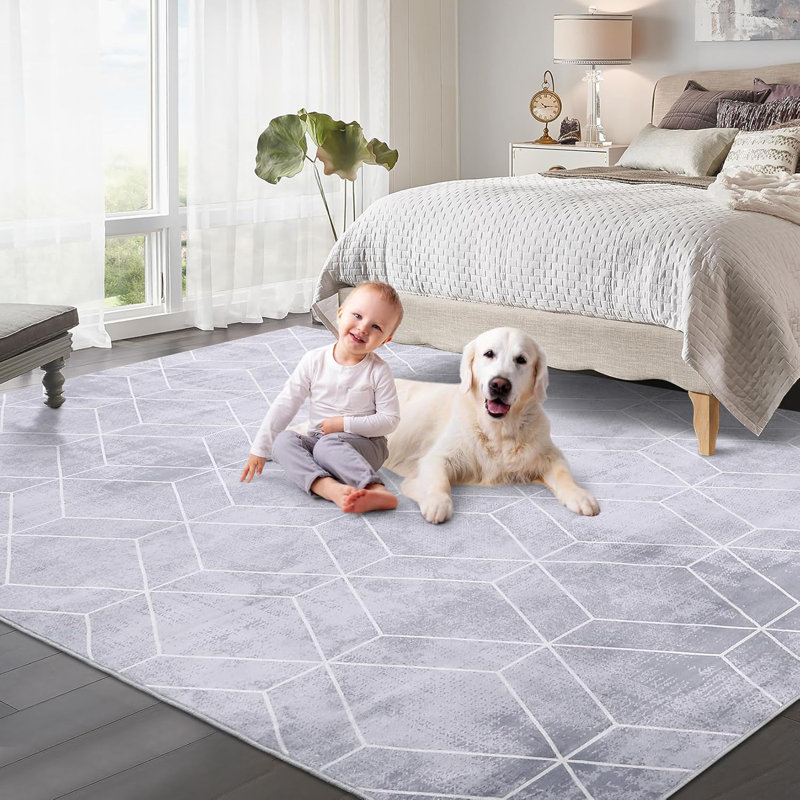 Tapis géométrique lavable 9 x 12, tapis antidérapant doux pour le salon, la salle à manger, la chambre de bébé, beige