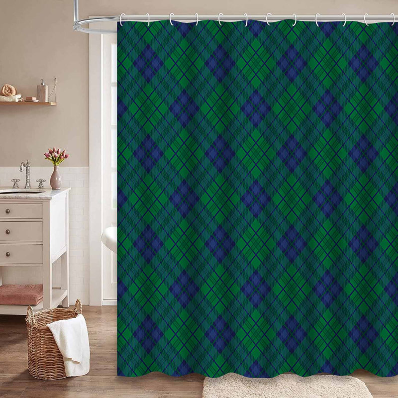 Rideau de douche vert à carreaux bleu sarcelle avec 12 crochets, L 72 po x l 84 po