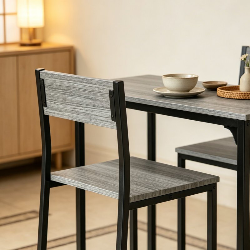 Table de salle à manger 3 pièces à hauteur de comptoir avec tabourets de bar, table de petit déjeuner en bois et acier gris industriel, ensemble bistro de cuisine peu encombrant pour appartement, patio et petits espaces