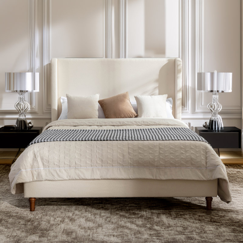 Lit plateforme tapissier avec tête de lit à oreilles Albree Hoppe, Très grand lit, Bouclé blanc crème