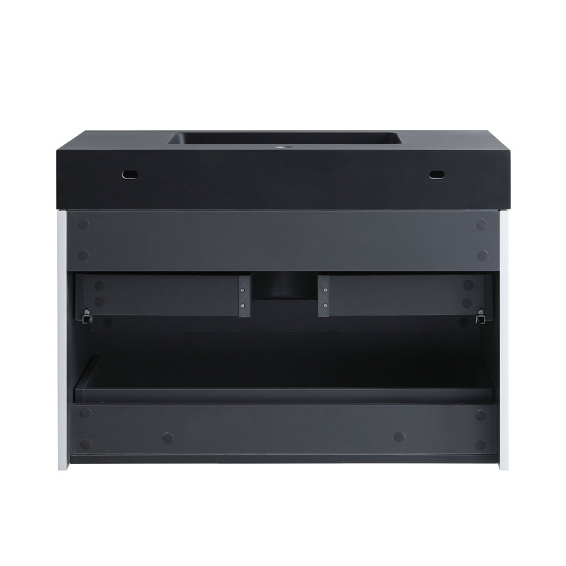 Meuble-lavabo simple 36 po avec surface solide et trop-plein, 36 po, pré-assemblé, Blanc lustré, Noir mat, 36"