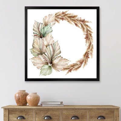 Couronne avec feuilles de palmier séchées et herbe de pampa - Peinture sur toile encadrée