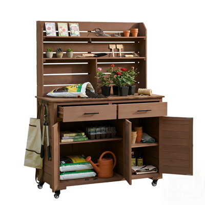 Large Garden Potting Bench With Lockable Wheels, Storage Cabinet, And Removable Shelves For Outdoor Kitchen Prep And Grilling