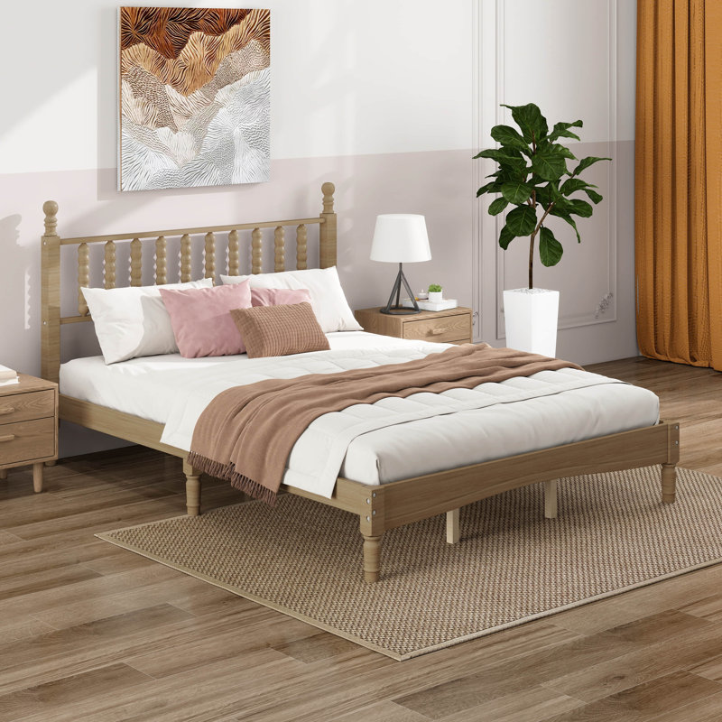 Grand lit plateforme avec tête de lit en forme de gourde, cadre de lit en bois massif avec support en lattes de bois