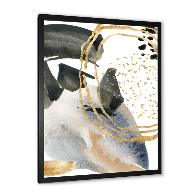 Abstrait pastel avec taches bleues, noires, beiges et dorées - peinture sur toile à cadre flottant, Toile encadrée noire