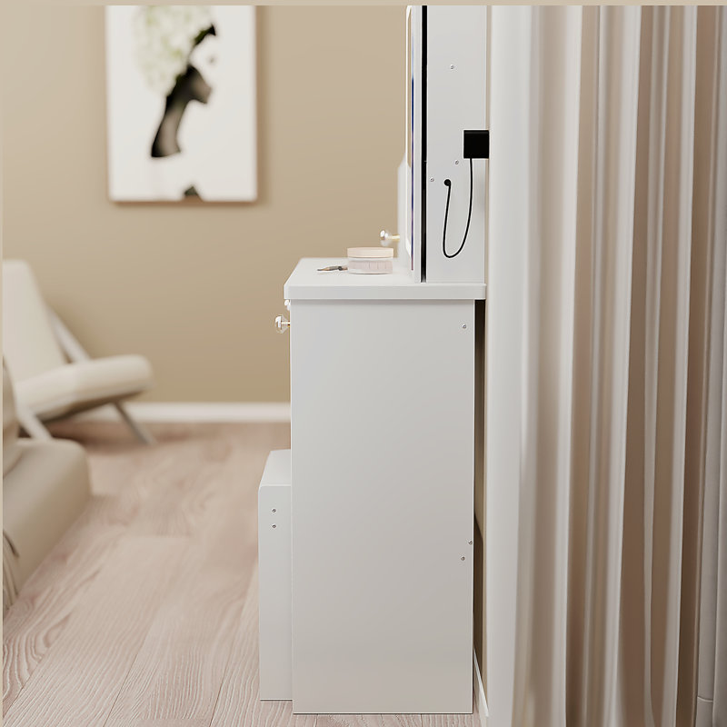 Petit meuble-lavabo de 29,2 po avec tabouret de bureau et tabouret rembourré à gauche 29,2 po, grande commande tactile, interrupteur tricolore, miroir à luminosité réglable, rangement à grande capacité, convient aux petits espaces