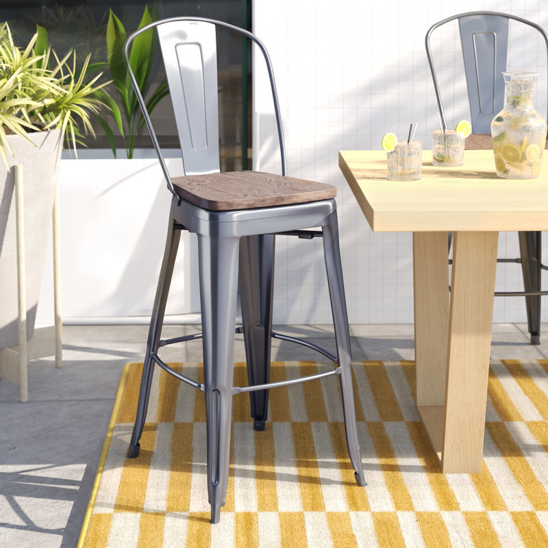 Tabouret de bar ou de comptoir en métal Marian avec dossier et siège en bois Marian, Gris, 1