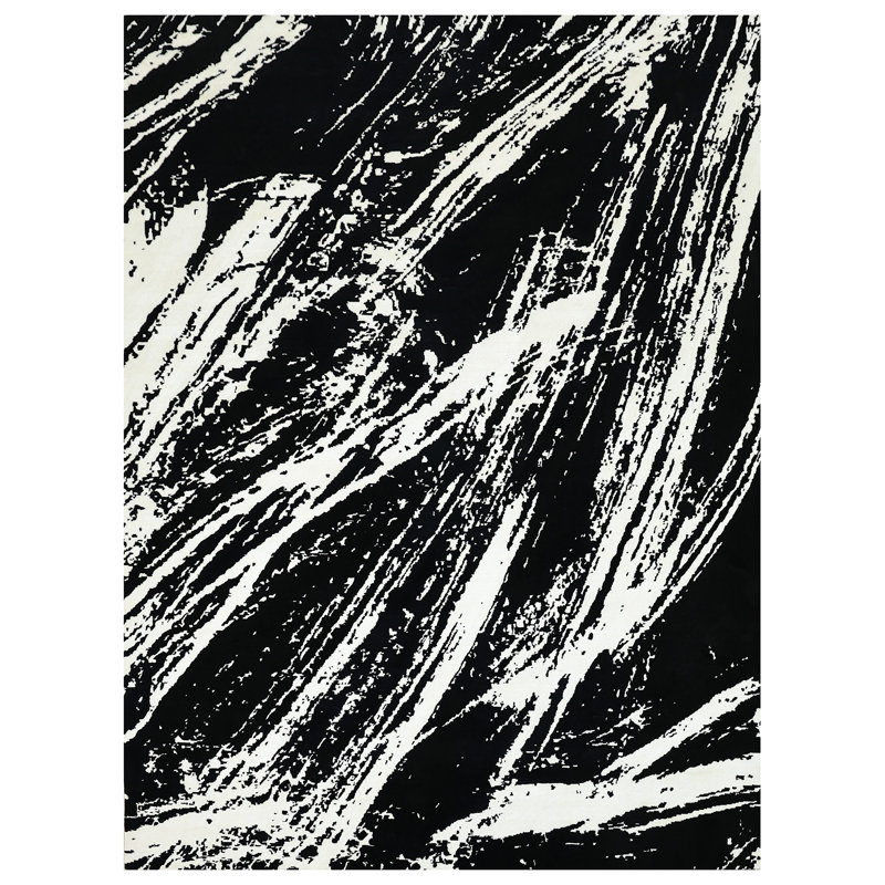 Hand Knotted Abstract Area Rug in Black/White, Rectangle 8' x 10'