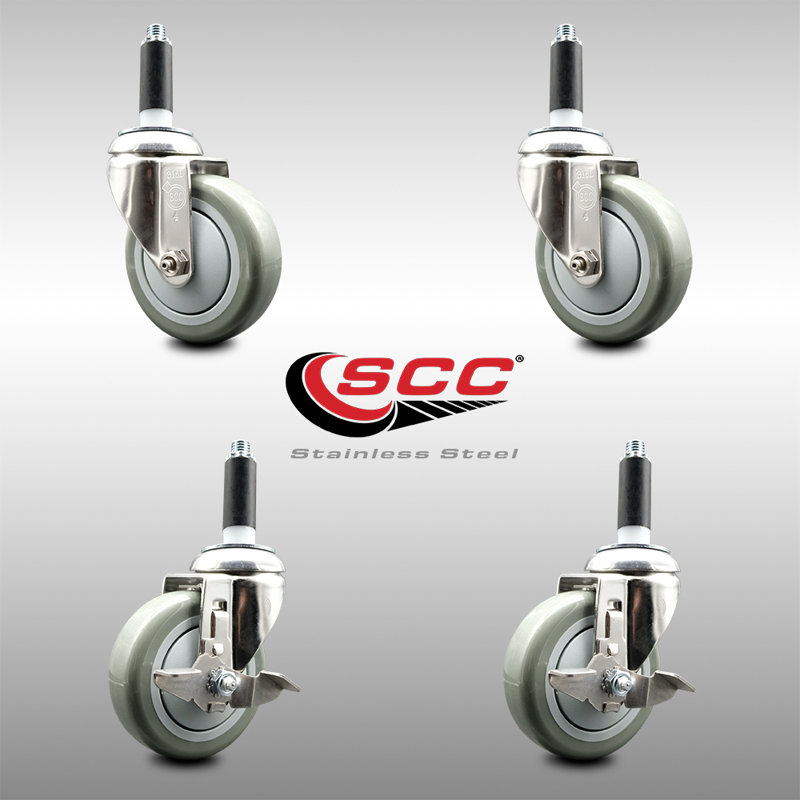 4 Inch 316SS Yellow Poly Swivel 7/8 Inch Expanding Stem Caster Set 2 Brake SCC, Yellow