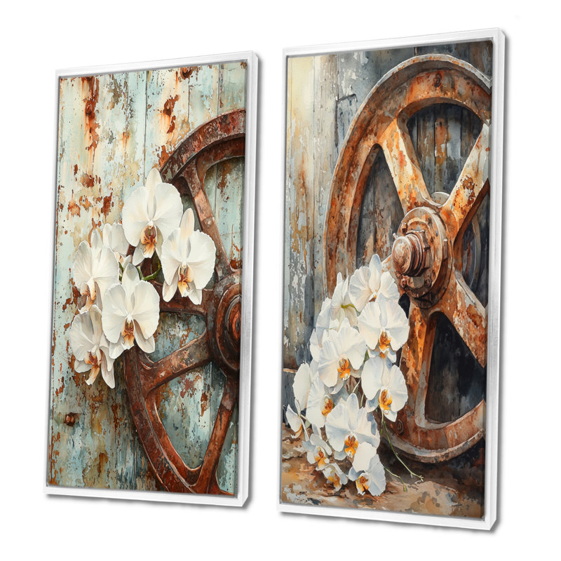 Orchidées par la roue du chariot I - Collection de 2 panneaux de toiles florales, H 28 po x l 25 po, Cadre flottant blanc