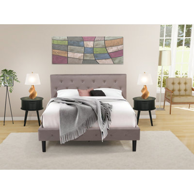 Ensemble de chambre à coucher 3 pièces - Lit grand capitonné à boutons - Tête de lit tapissier en velours taupe brun et table de chevet à finition noire