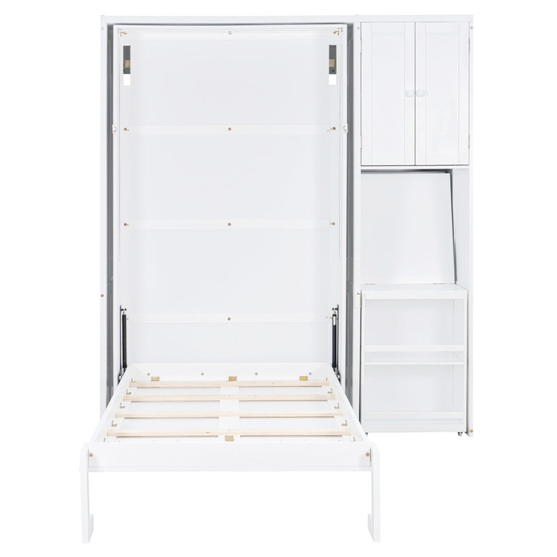 Lit escamotable mural simple avec bibliothèque, armoire supérieure, bureau extensible et rangement latéral