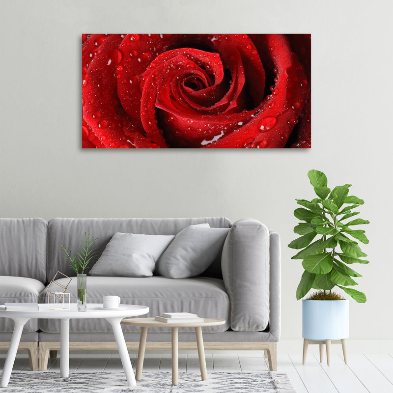 Drops On A Rose - No Frame Print on Glass, 50cm H x 100cm W x 2cm D, Canvas