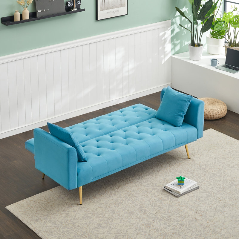 Canapé convertible de 71 pouces, rétro américain, velours bleu clair, convenant à un petit salon, une chambre à coucher ou un bureau