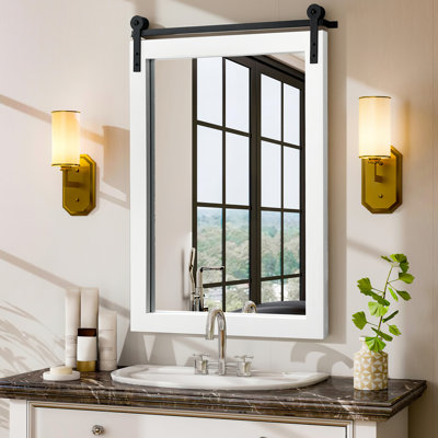 Miroir de salle de bain de style campagnard de style maison de campagne - miroir mural à cadre en bois, miroir décoratif mural rectangulaire, miroir de porte de grange en métal pour porte d'entrée de salle de bain, salon et chambre à coucher