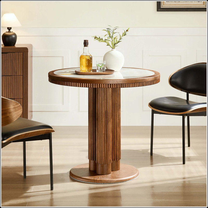 Table de salle à manger Mid-Century ronde avec plateau en pierre frittée et pieds cannelés